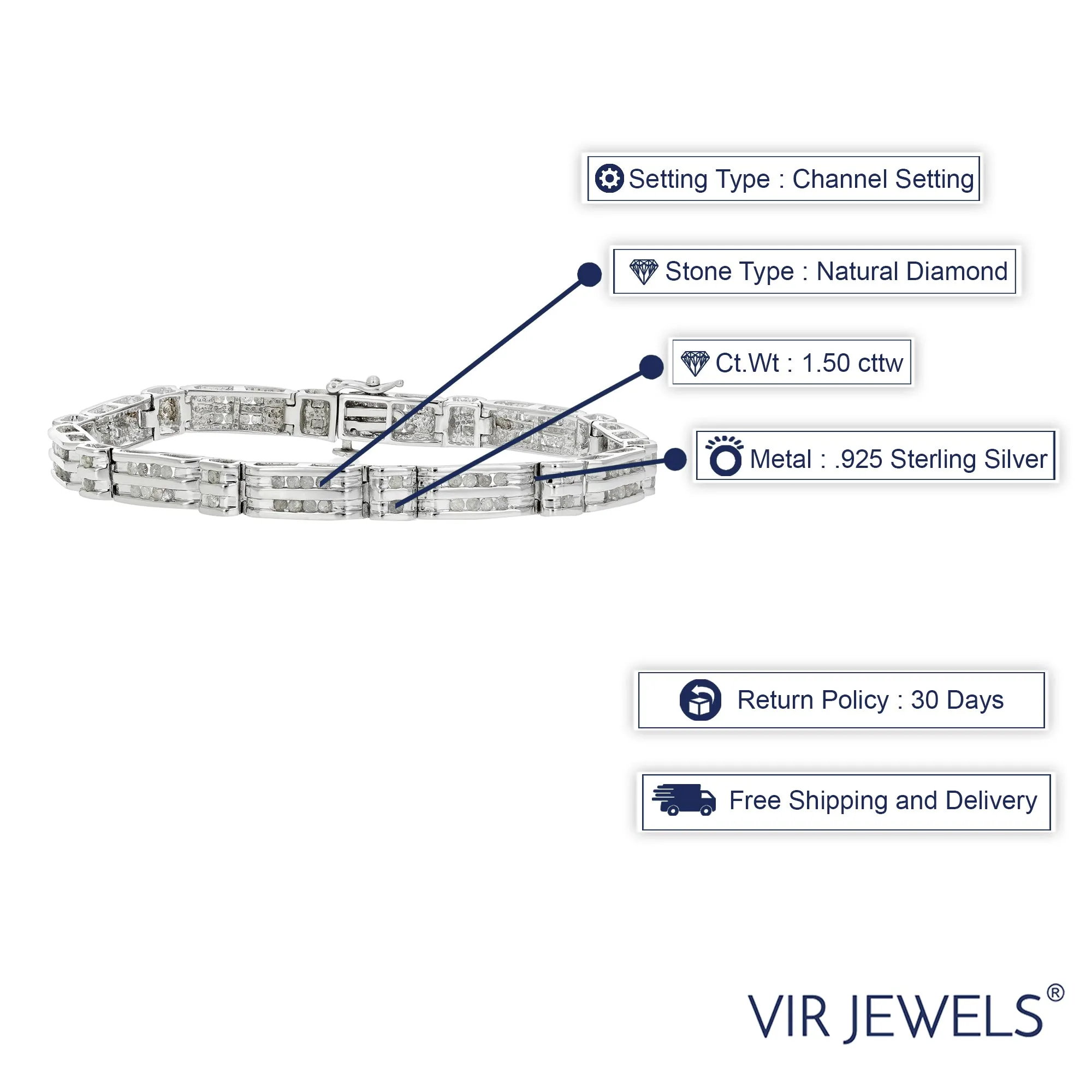 1.50 cttw Men's Diamond Bracelet .925 Sterling Silver With Rhodium 7 Inch 13 Grams