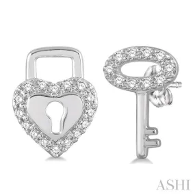 1/6 Ctw Heart Lock & Key Charm Round Cut Diamond Earrings in 10K White Gold