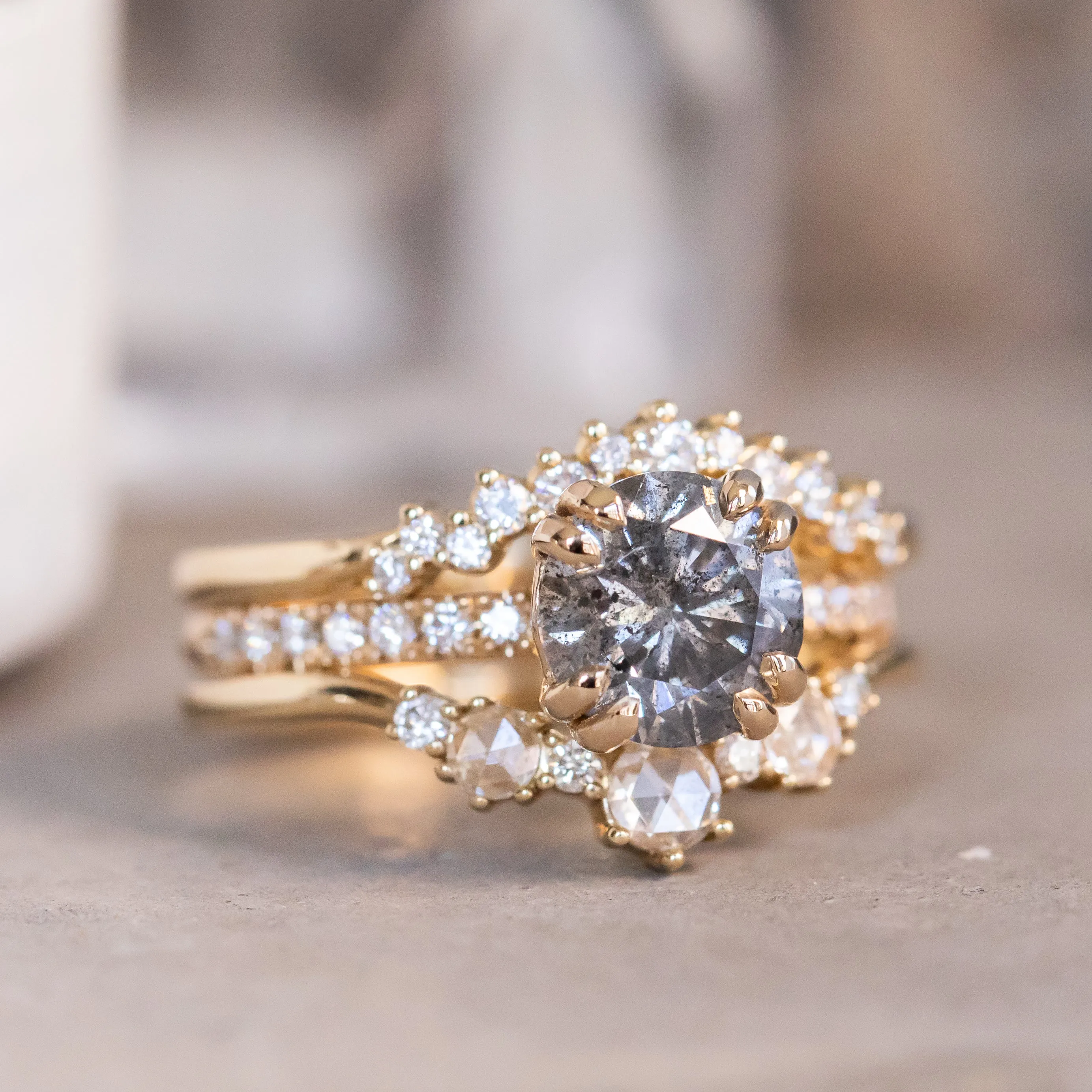 1.63ct Round Salt & Pepper Diamond Double Claw Prong Solitaire with French Diamonds in 14k Yellow Gold