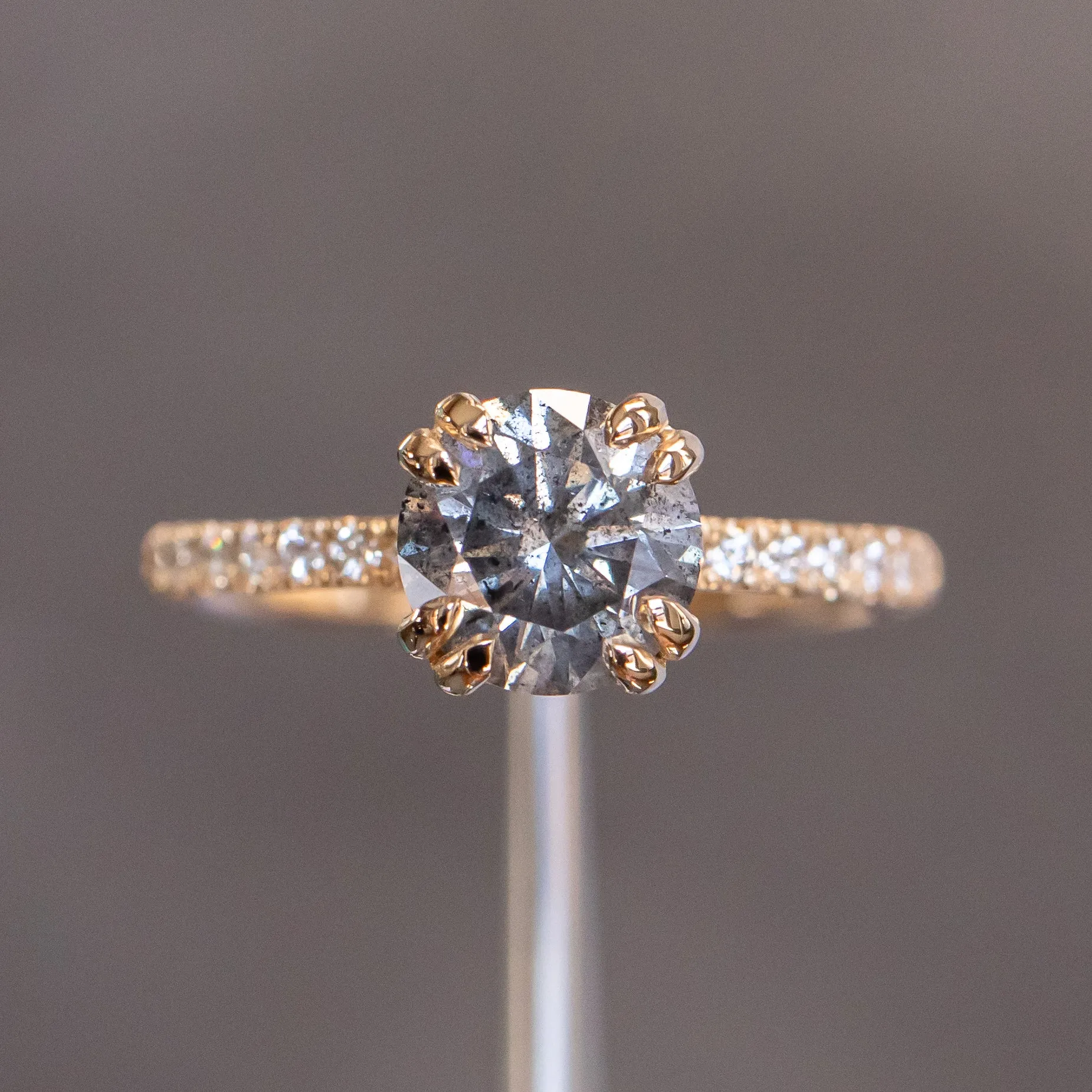 1.63ct Round Salt & Pepper Diamond Double Claw Prong Solitaire with French Diamonds in 14k Yellow Gold