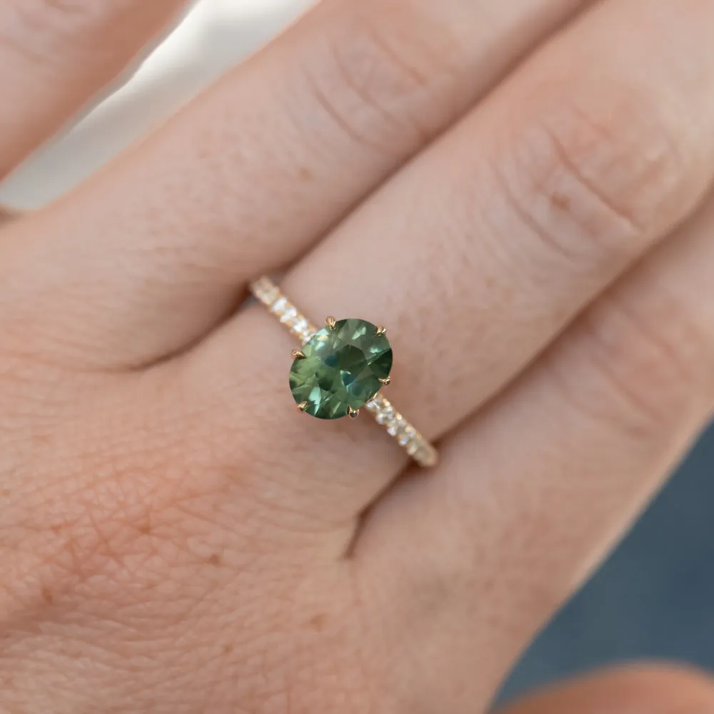 1.75ct Untreated Oval Nigerian Sapphire Lotus Six Prong Solitaire with Diamonds in 14k Yellow Gold