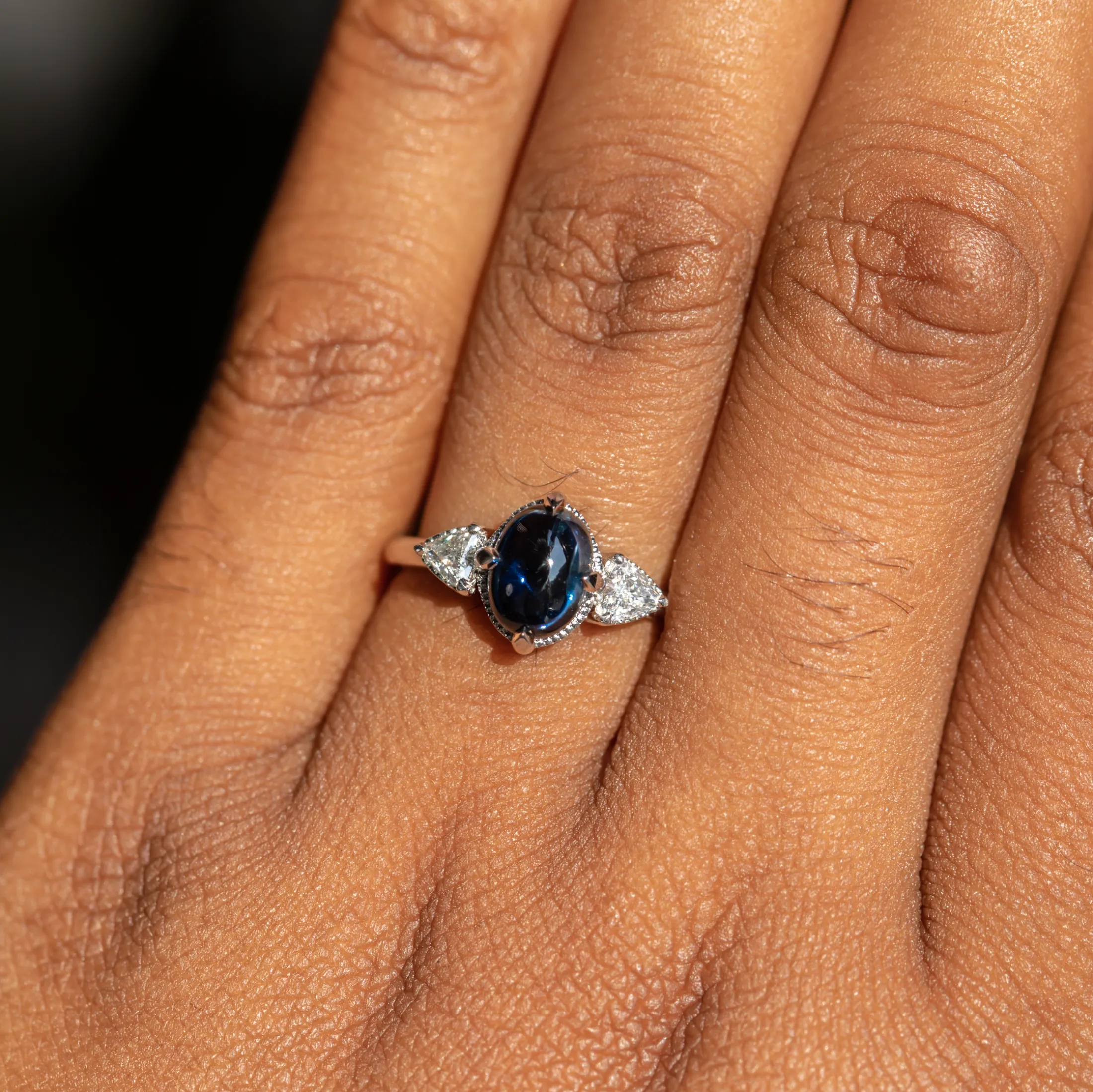 1.80ct Cabochon Sapphire and Diamond Three Stone Antique Milgrain Low Profile Ring in Platinum