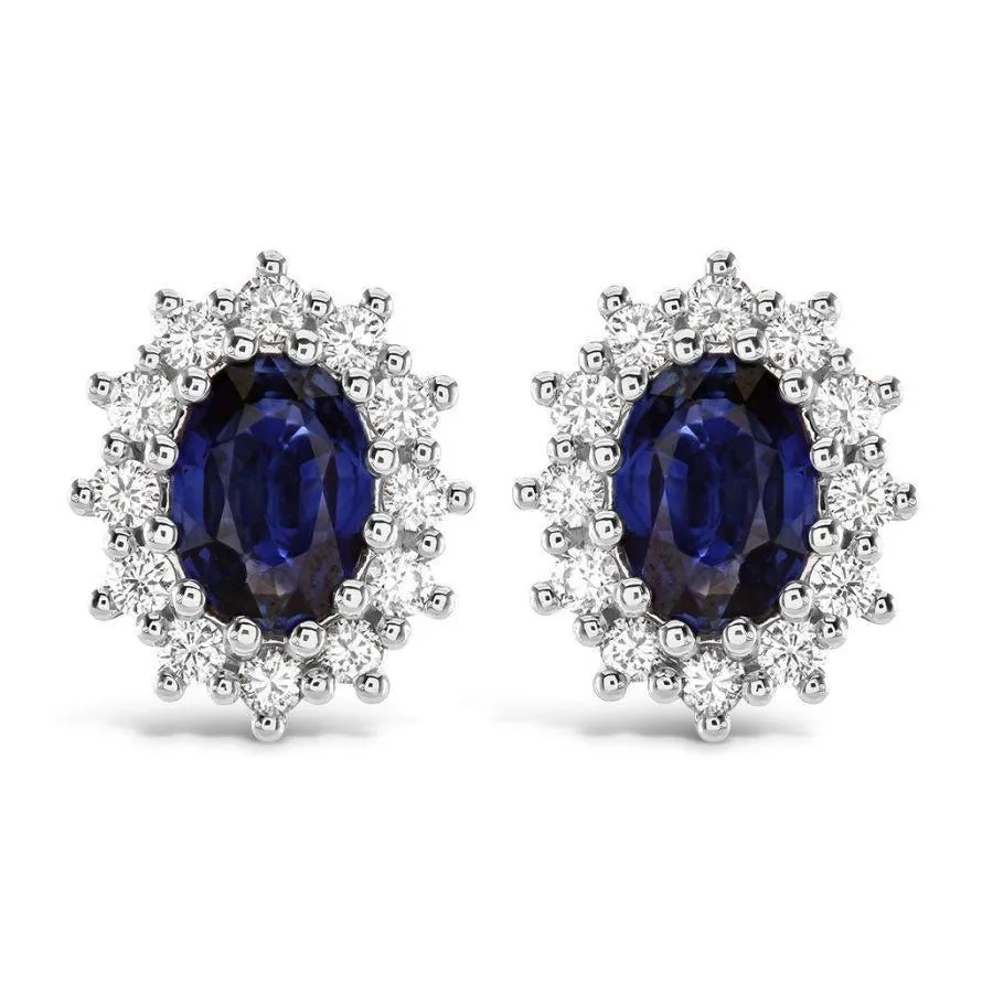 18ct White Gold Oval Cut Sapphire & Diamond Cluster Stud Earrings