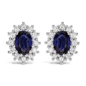 18ct White Gold Oval Cut Sapphire & Diamond Cluster Stud Earrings