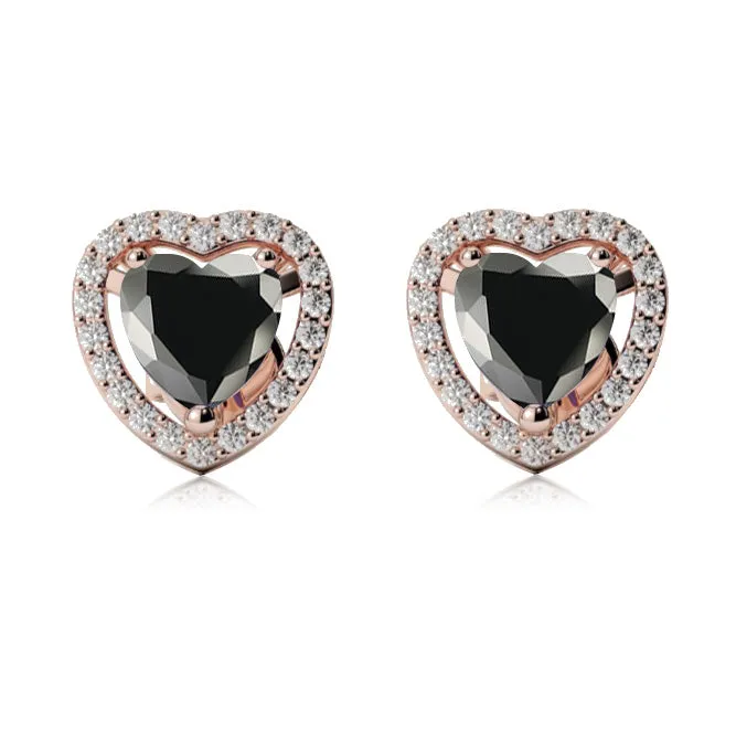 18k Rose Gold Plated 2 Ct Created Halo Heart Black Sapphire Stud Earrings