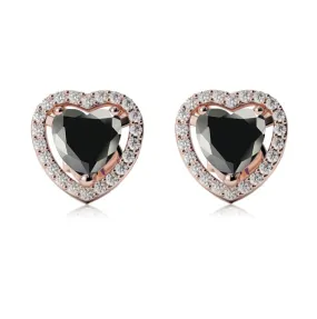 18k Rose Gold Plated 2 Ct Created Halo Heart Black Sapphire Stud Earrings