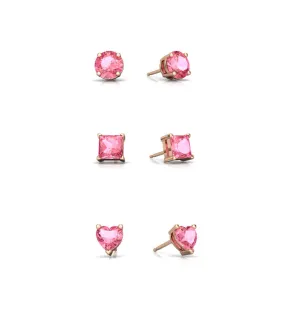 18k Rose Gold Plated 6mm Created Tourmaline 3 Pair Round, Square and Heart Stud Earrings