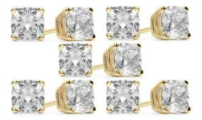 18k Yellow Gold 4mm 3Ct Cushion Cut White Sapphire Set Of Five Stud Earrings Plated
