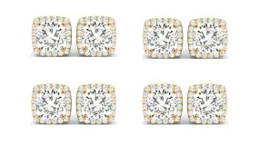 18k Yellow Gold 6mm 1/2Ct Cushion Cut White Sapphire Set Of Four Halo Stud Earrings Plated