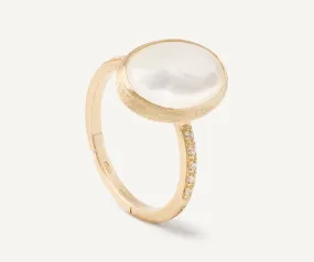 18K Yellow Gold Mother of Pearl Ring with Diamond Pavé Shank
