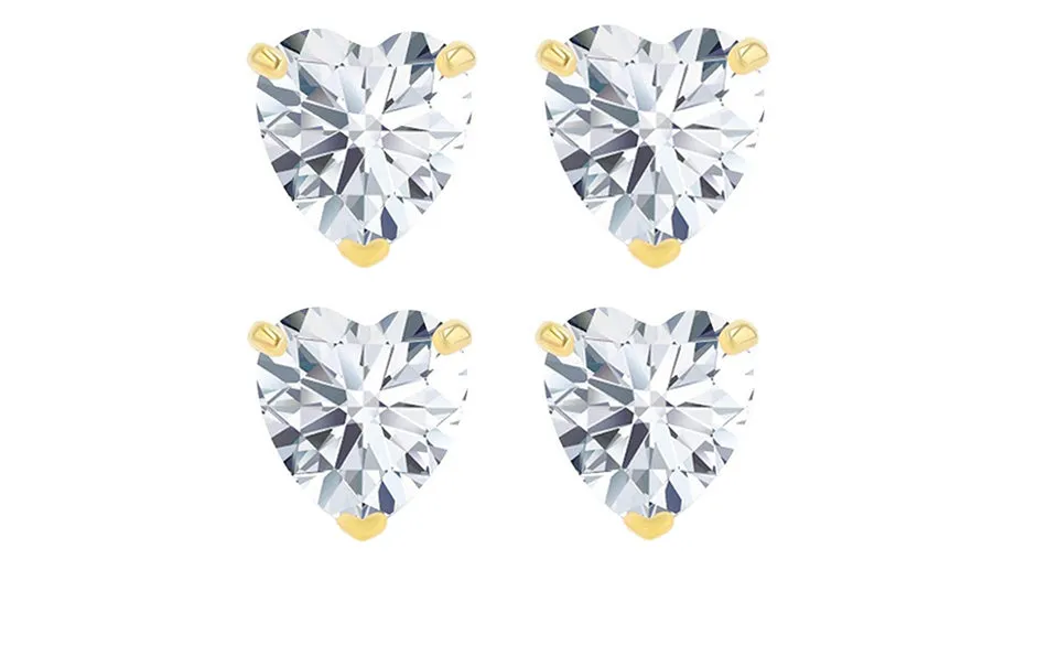 18k Yellow Gold Plated 1/2Ct Heart White Sapphire Set Of Two Stud Earrings