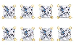 18k Yellow Gold Plated 3Ct Princess Cut White Sapphire Set Of Four Stud Earrings