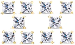 18k Yellow Gold Plated 4Ct Princess Cut White Sapphire Set Of Five Stud Earrings