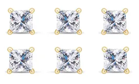 18k Yellow Gold Plated 4Ct Princess Cut White Sapphire Set Of Three Stud Earrings