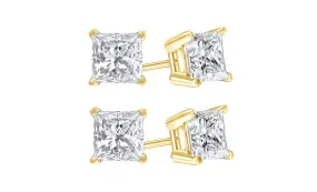 18k Yellow Gold Plated Created White Sapphire 1 Carat Princess Cut Pack of Two Stud Earrings