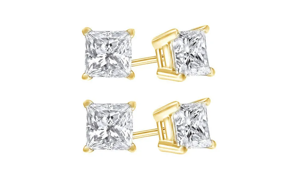 18k Yellow Gold Plated Created White Sapphire 1 Carat Princess Cut Pack of Two Stud Earrings