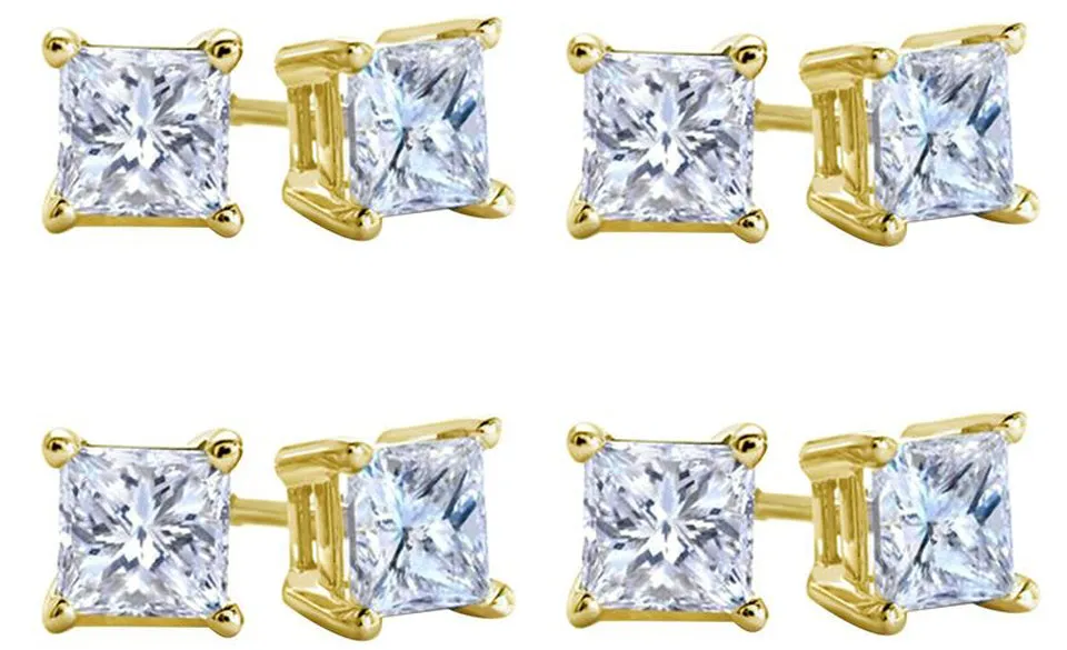 18k Yellow Gold Plated Created White Sapphire 1/2 Carat Square Cut Pack of Four Stud Earrings