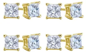18k Yellow Gold Plated Created White Sapphire 1/2 Carat Square Cut Pack of Four Stud Earrings