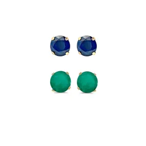 24k Yellow Gold Plated 4Ct Created Blue Sapphire and Emerald 2 Pair Round Stud Earrings