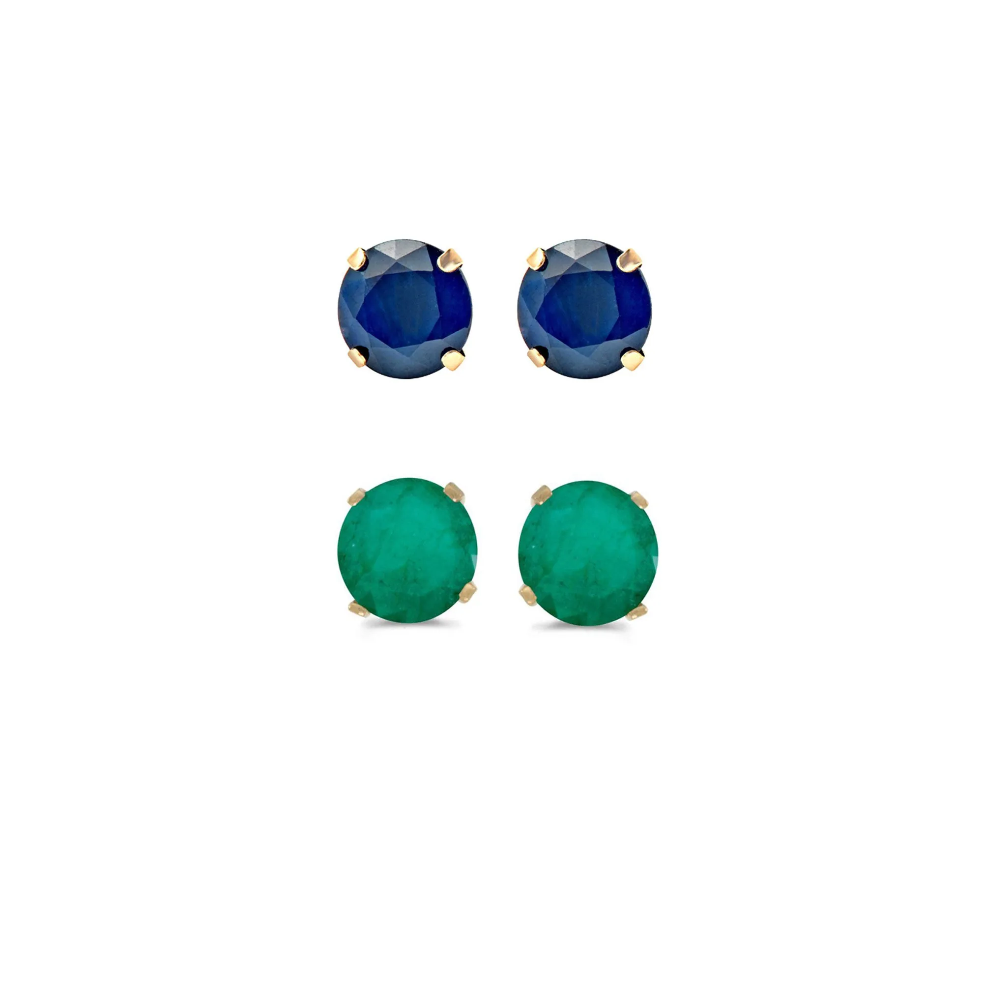 24k Yellow Gold Plated 4Ct Created Blue Sapphire and Emerald 2 Pair Round Stud Earrings