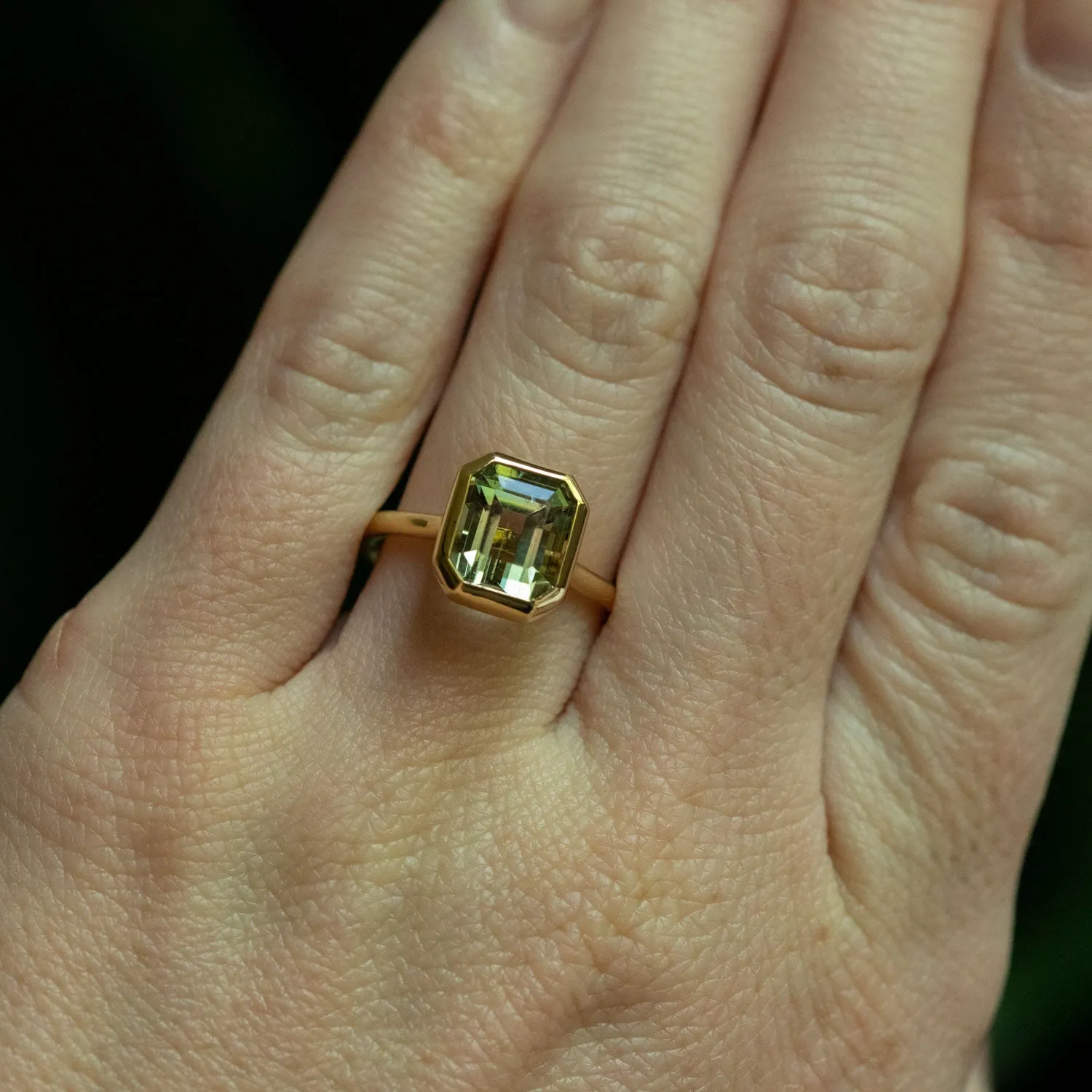 3.94ct Green Tourmaline Square Emerald Cut in 18k Yellow Gold Contemporary Bezel Setting