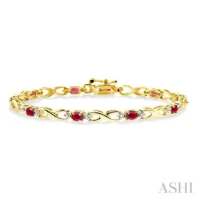 4x3mm Oval Cut Ruby and 1/10 Ctw Single Cut Diamond Bracelet in 10K Yellow Gold