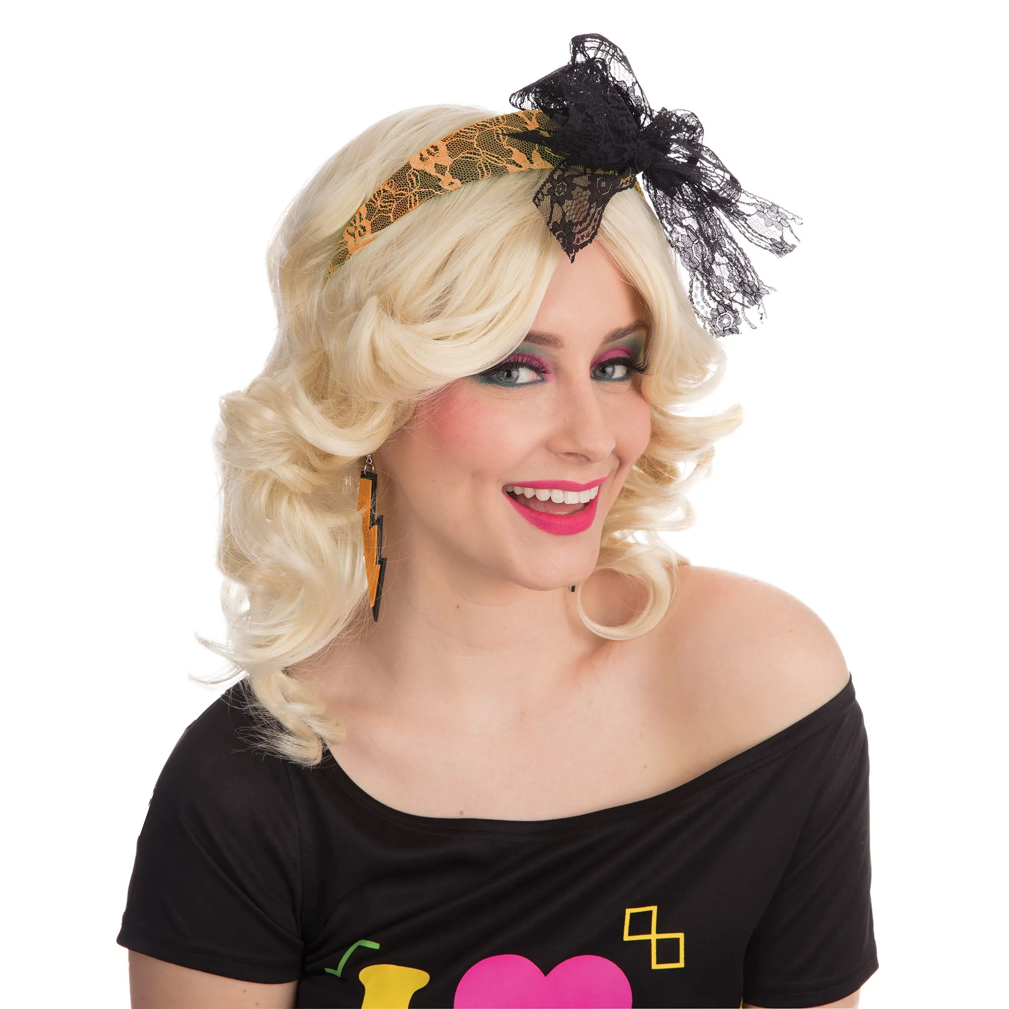 80's Style Lacey Neon Bow Headband Orange