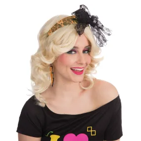 80's Style Lacey Neon Bow Headband Orange