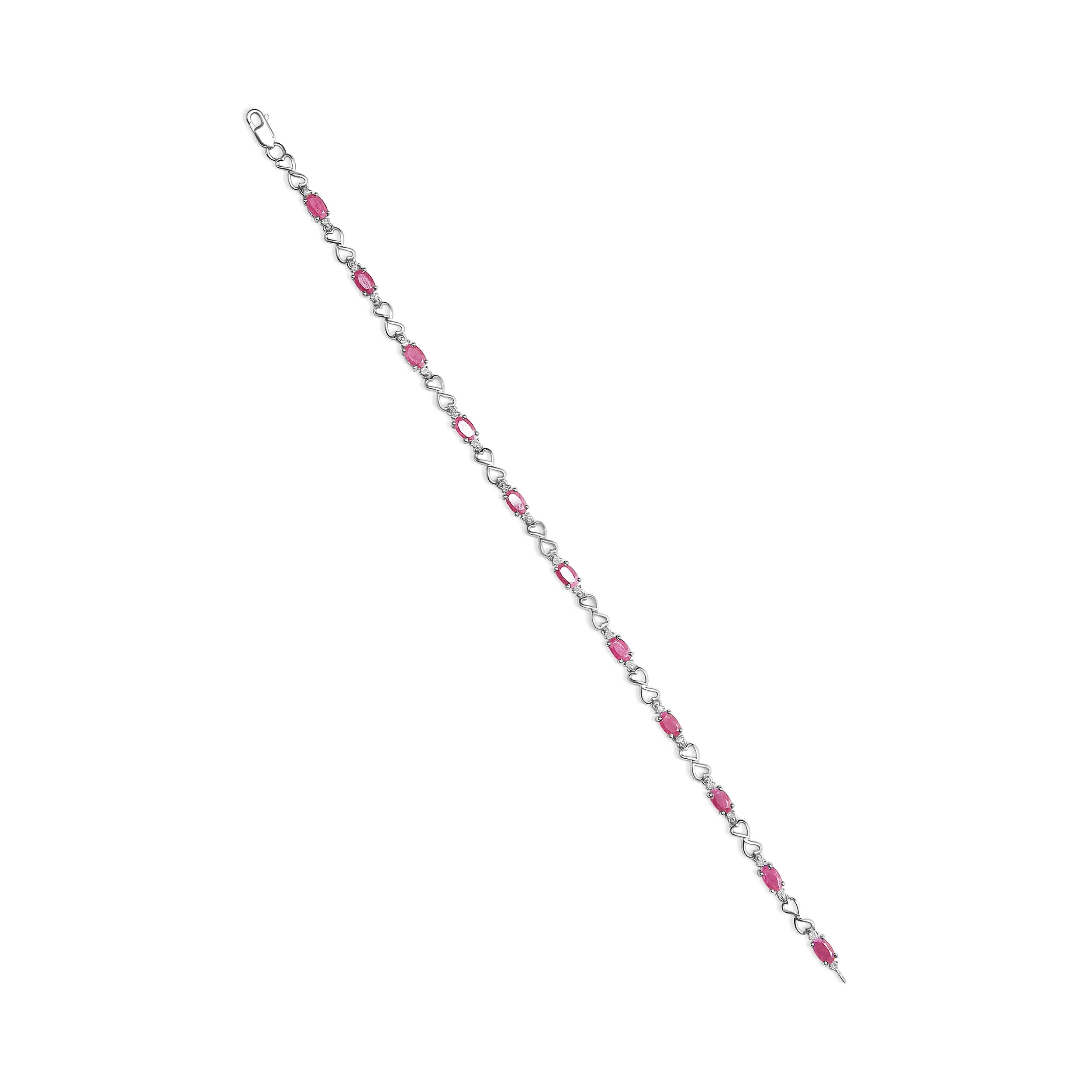 .925 Sterling Silver Pink Oval Shaped Ruby and 1/4 Cttw Diamond 7.25" Link Bracelet