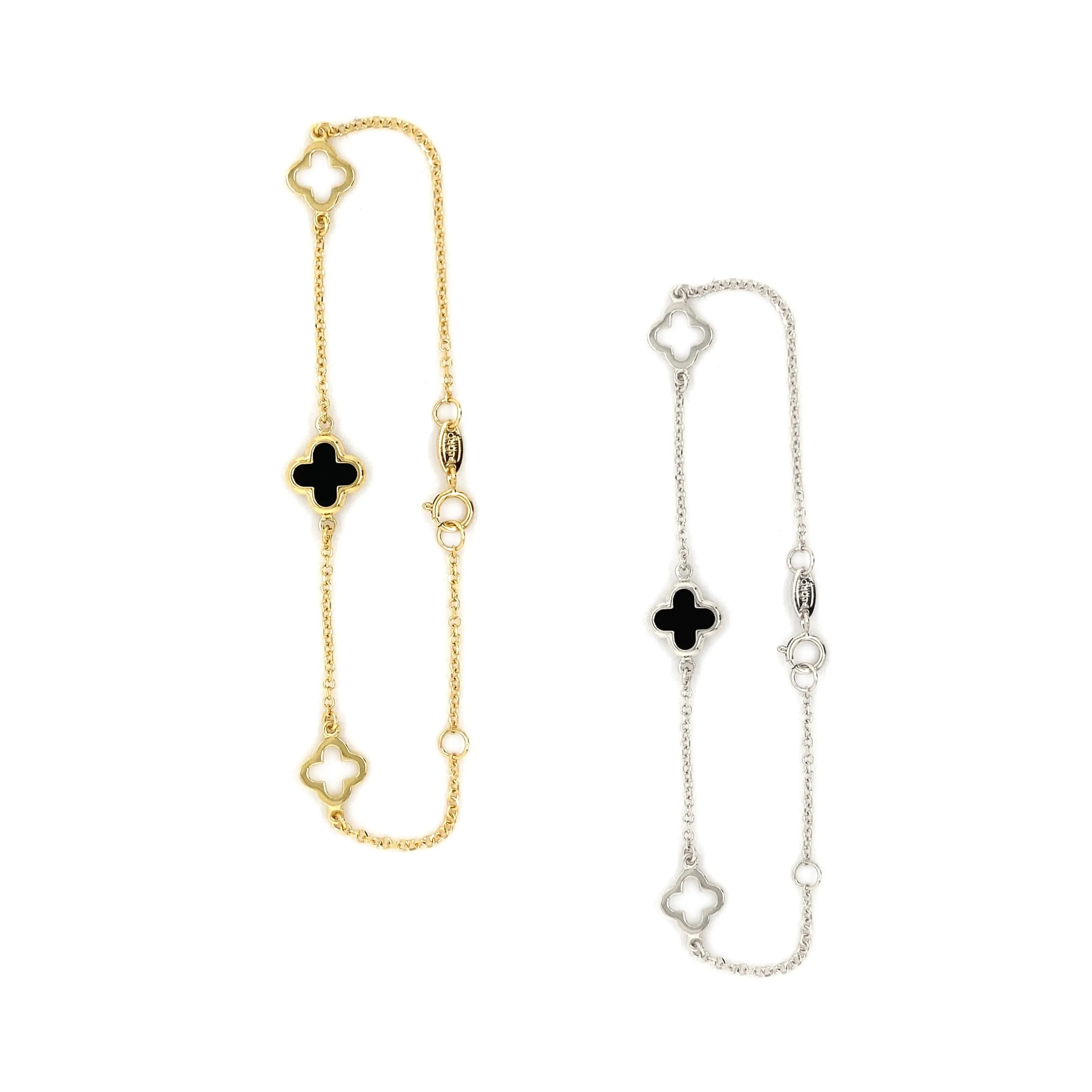 9ct Gold 3 Station Onyx Clover/Quatrefoil Bracelet