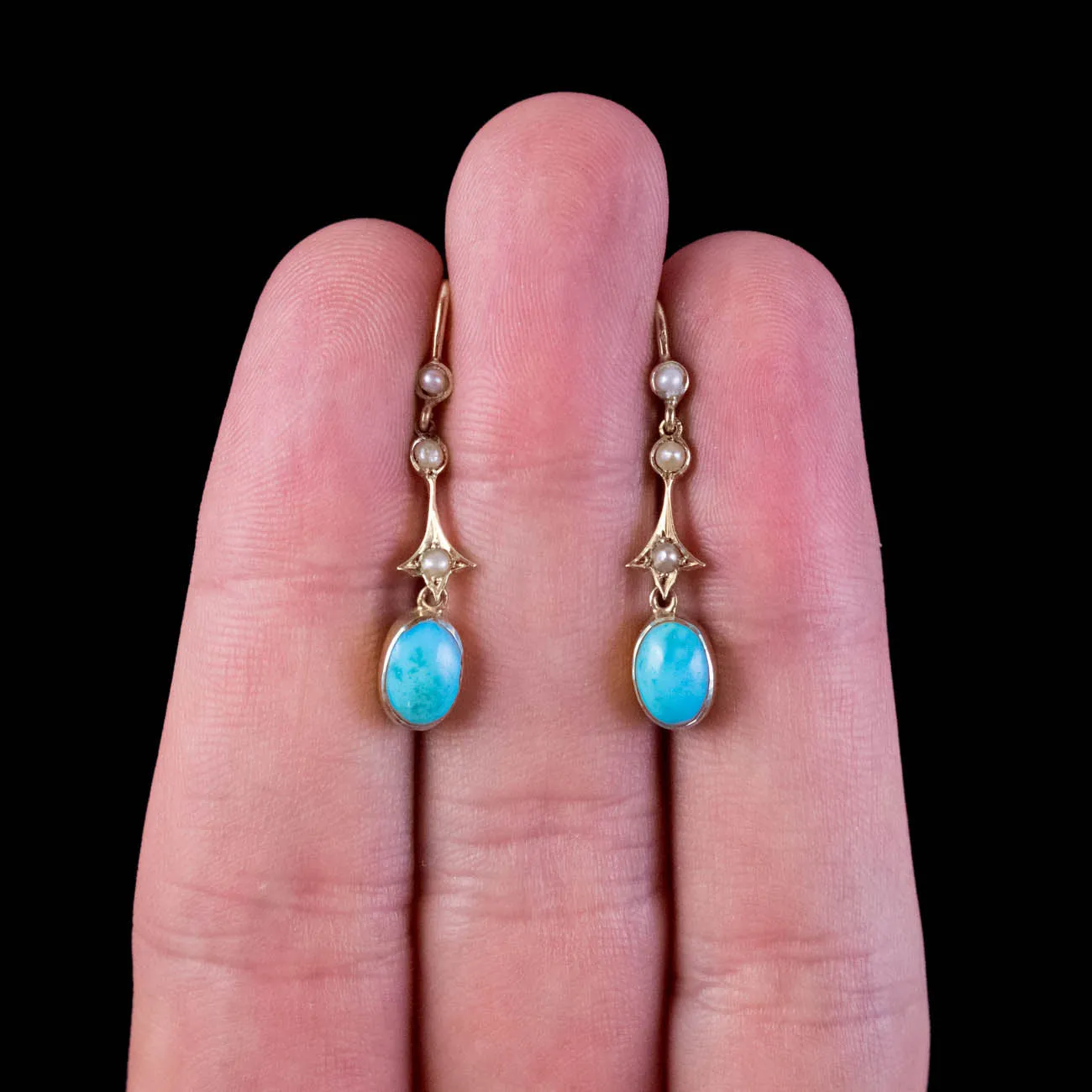 Antique Victorian Turquoise Pearl Drop Earrings 18Ct Gold Circa 1890