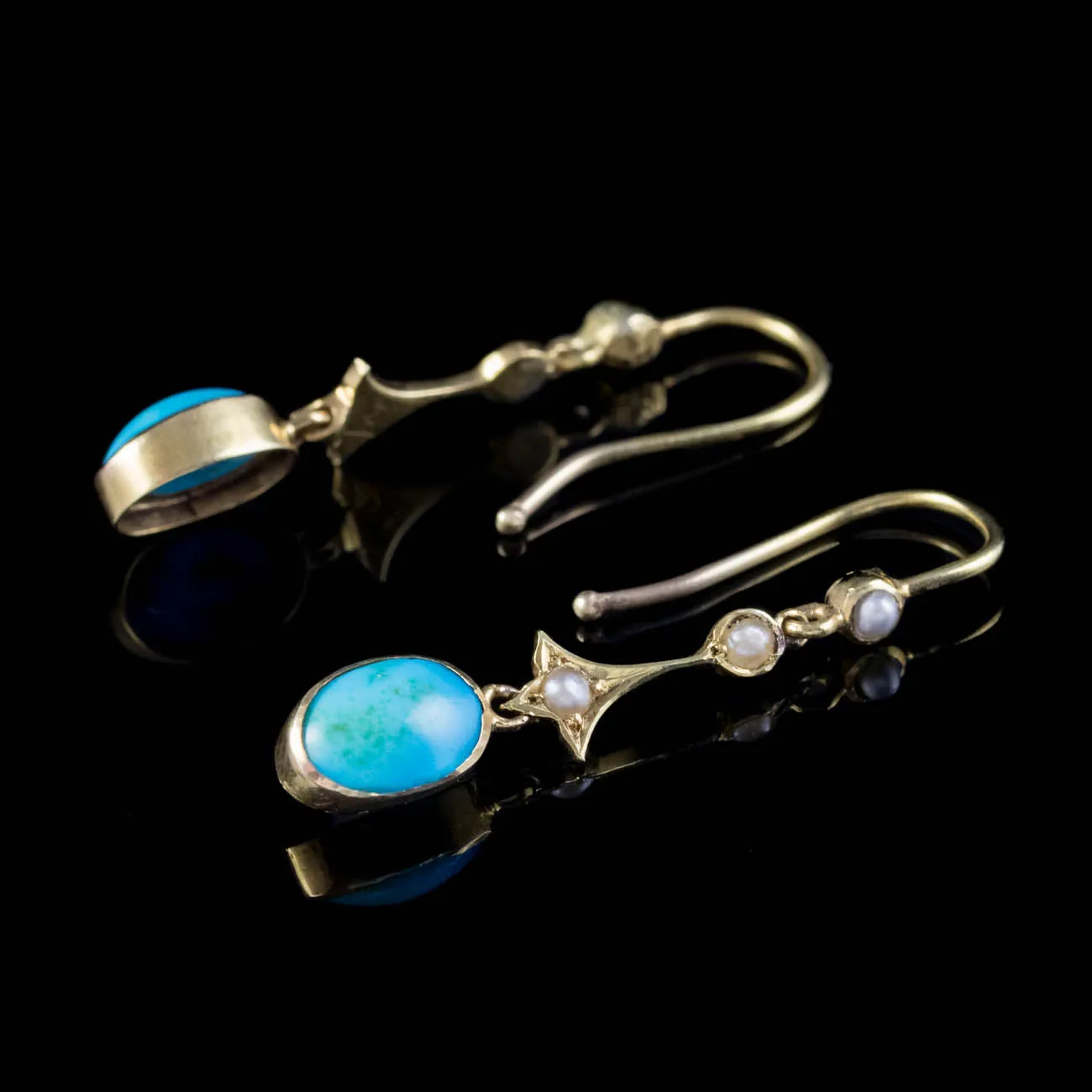 Antique Victorian Turquoise Pearl Drop Earrings 18Ct Gold Circa 1890
