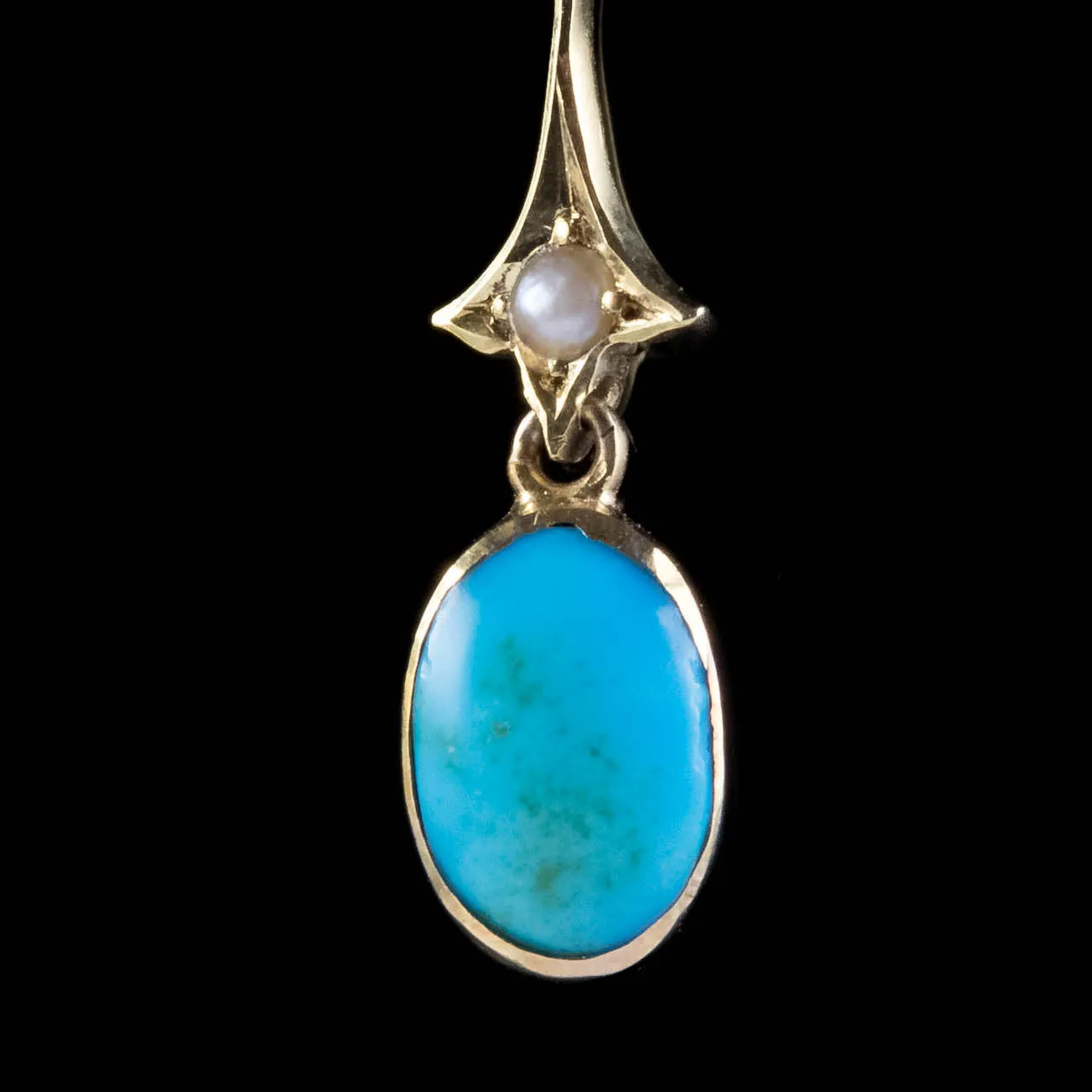 Antique Victorian Turquoise Pearl Drop Earrings 18Ct Gold Circa 1890