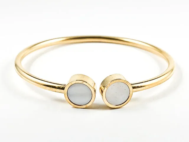Beautiful Round Shape Duo Mother Of Pearl Disc Gold Tone Steel Bangle