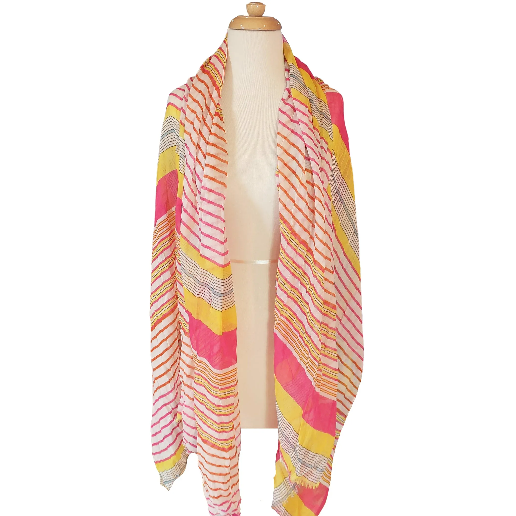 Blue Pacific Cotton Starburst Striped Scarf in Hot Pink and Yellow