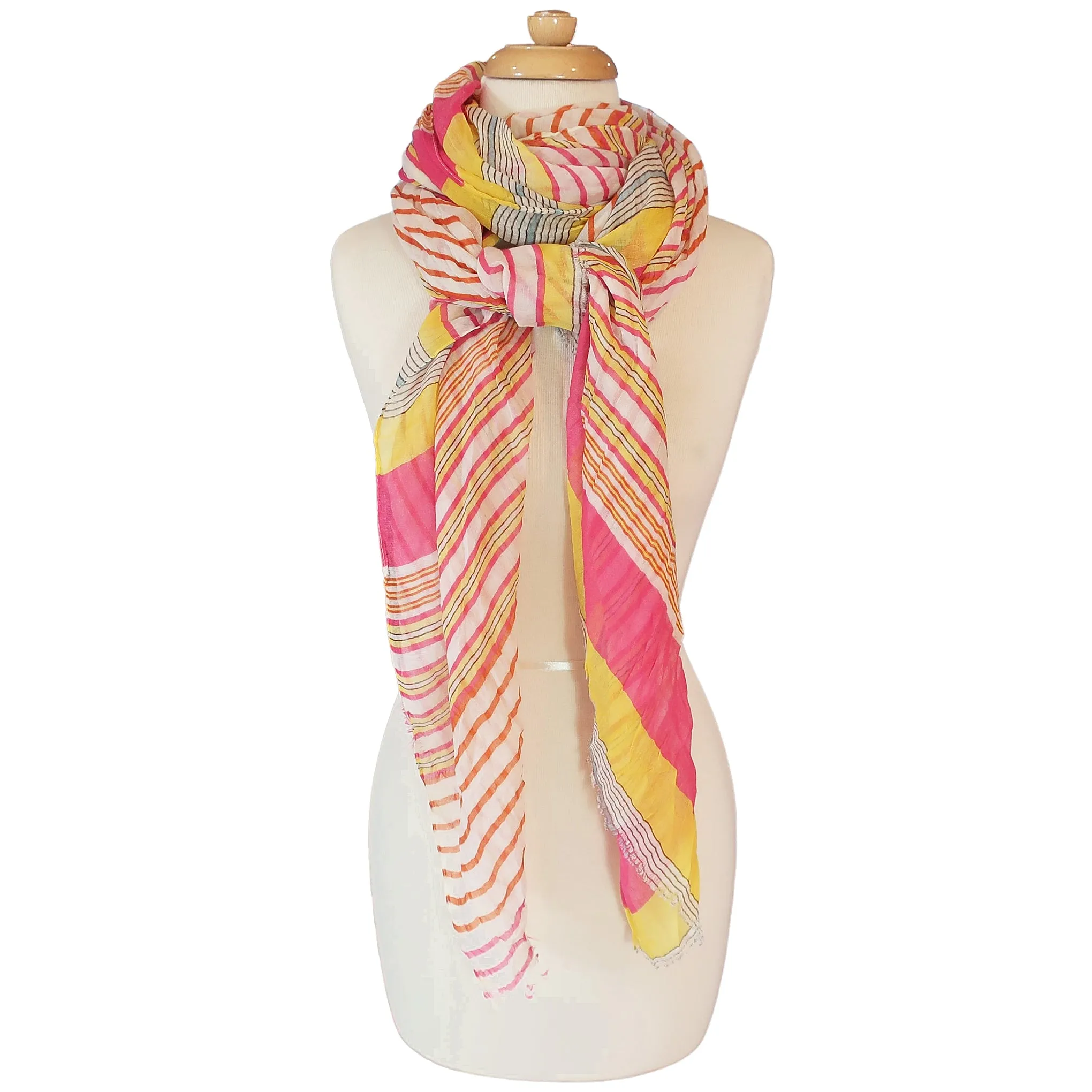Blue Pacific Cotton Starburst Striped Scarf in Hot Pink and Yellow