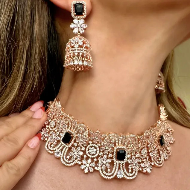 Cerise Rose Gold and Onyx Choker and Jhumka Earring Set By Jaipur Rose Designer Modern Indian Jewelry