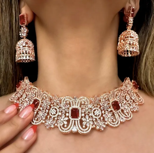 Cerise Rose Gold and Ruby Red  Choker and Jhumka Earring Set By Jaipur Rose Designer Modern Indian Jewelry