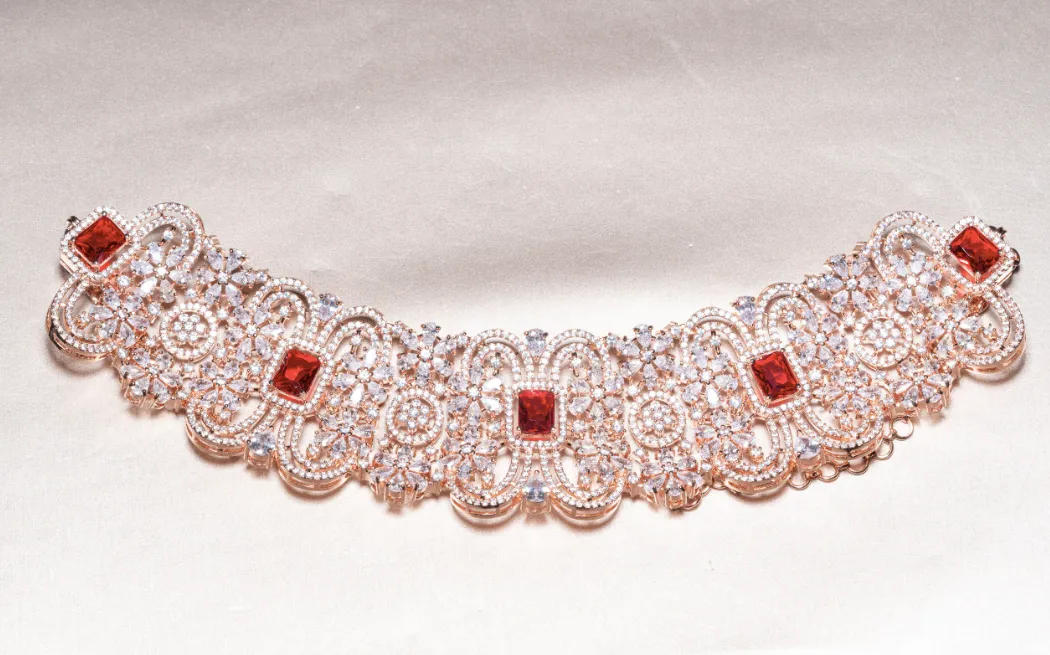 Cerise Rose Gold and Ruby Red  Choker and Jhumka Earring Set By Jaipur Rose Designer Modern Indian Jewelry