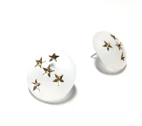 Clear Frosted & Gold Stars Retro Button Stud Earrings