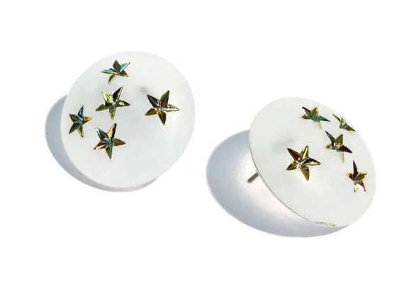 Clear Frosted & Gold Stars Retro Button Stud Earrings
