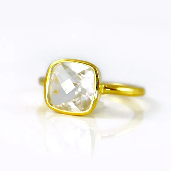 Clear Quartz cushion bezel set ring : April Birthstone