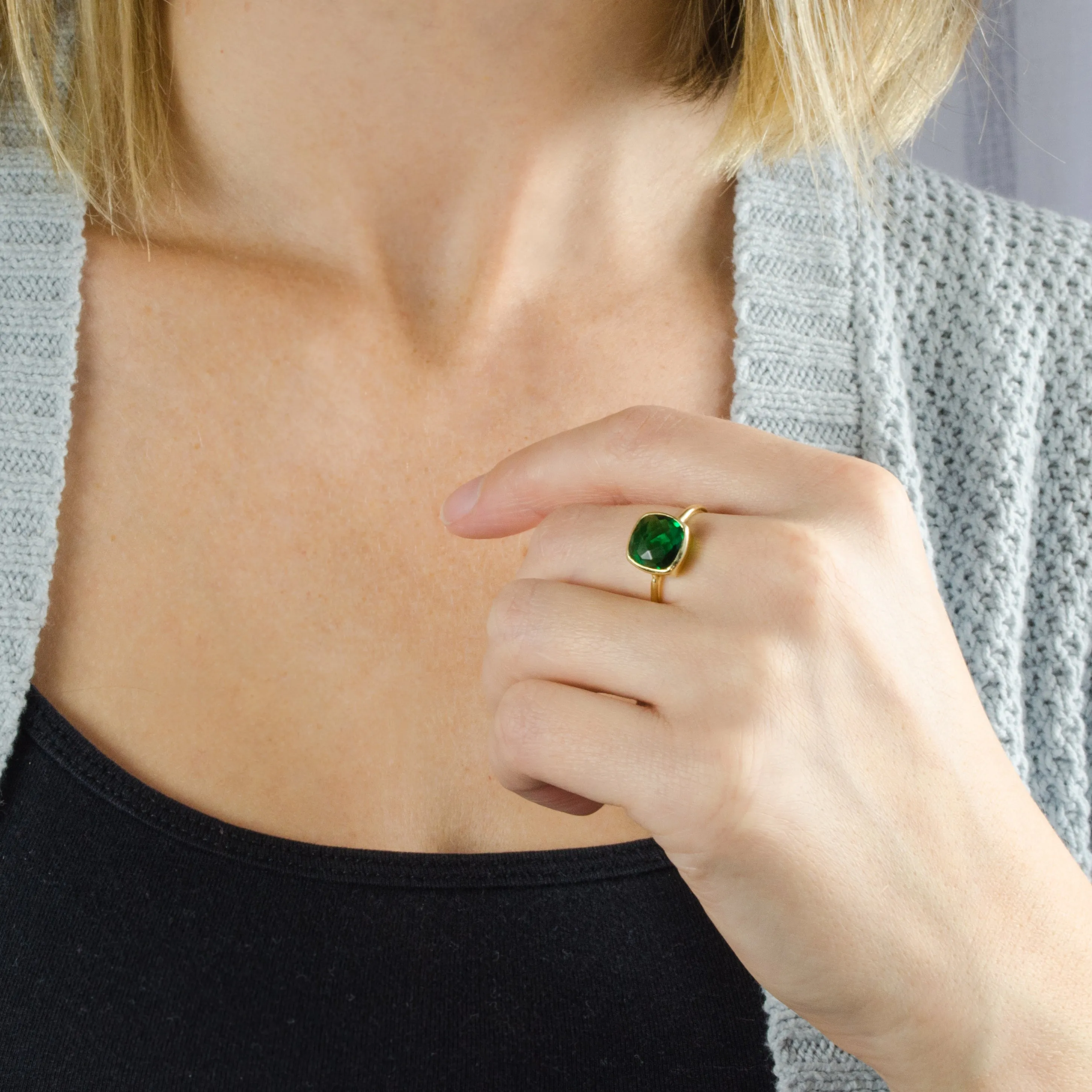 Clear Quartz cushion bezel set ring : April Birthstone
