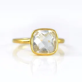 Clear Quartz cushion bezel set ring : April Birthstone