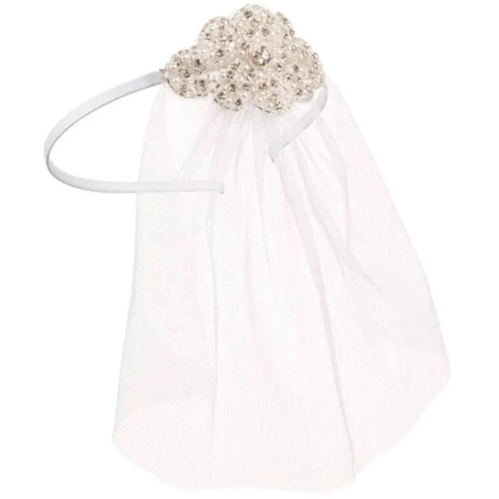 David Tutera Bridal Headband Veil w/Beaded Silver Applique & White Tulle