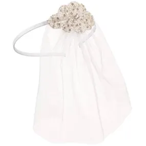 David Tutera Bridal Headband Veil w/Beaded Silver Applique & White Tulle
