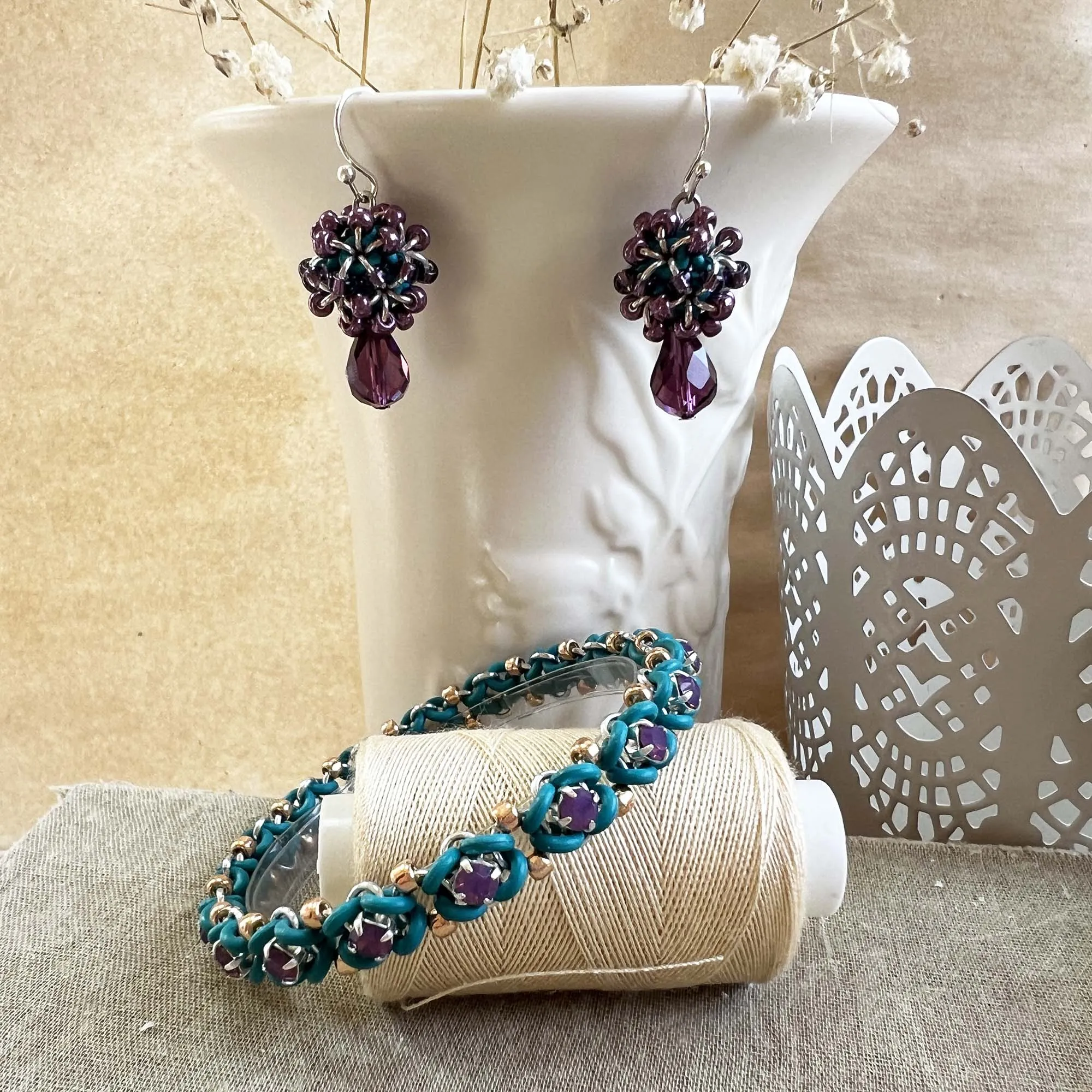 Diamond Back Beaded Rhinestone Stretch Bracelet Mini Kit with Video Class - Teal, Amethyst Opal, Silver & Rose Gold
