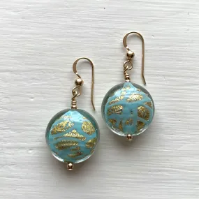 Earrings with turquoise (blue) pastel graffiti and gold Murano glass medium lentil drops