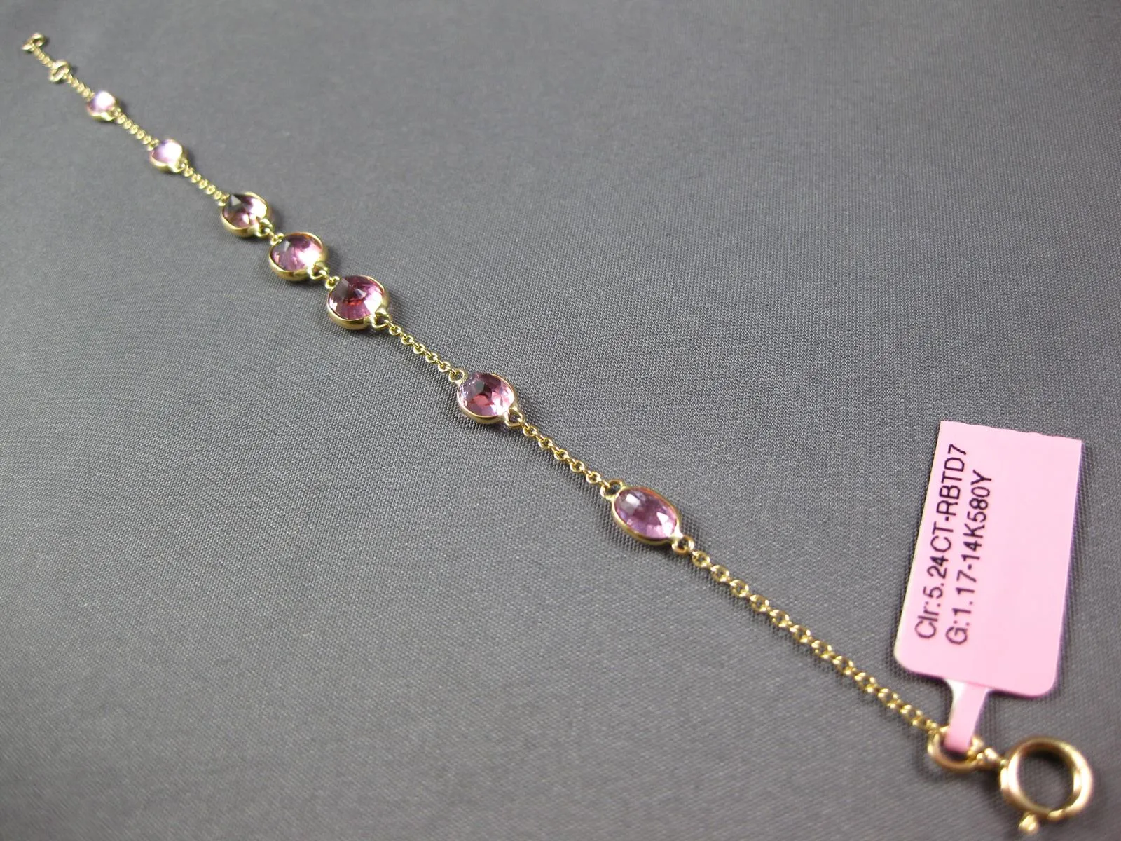 ESTATE 5.24CT AAA LIGHT PINK RUBY 14KT YELLOW GOLD OVAL BY THE YARD FUN BRACELET