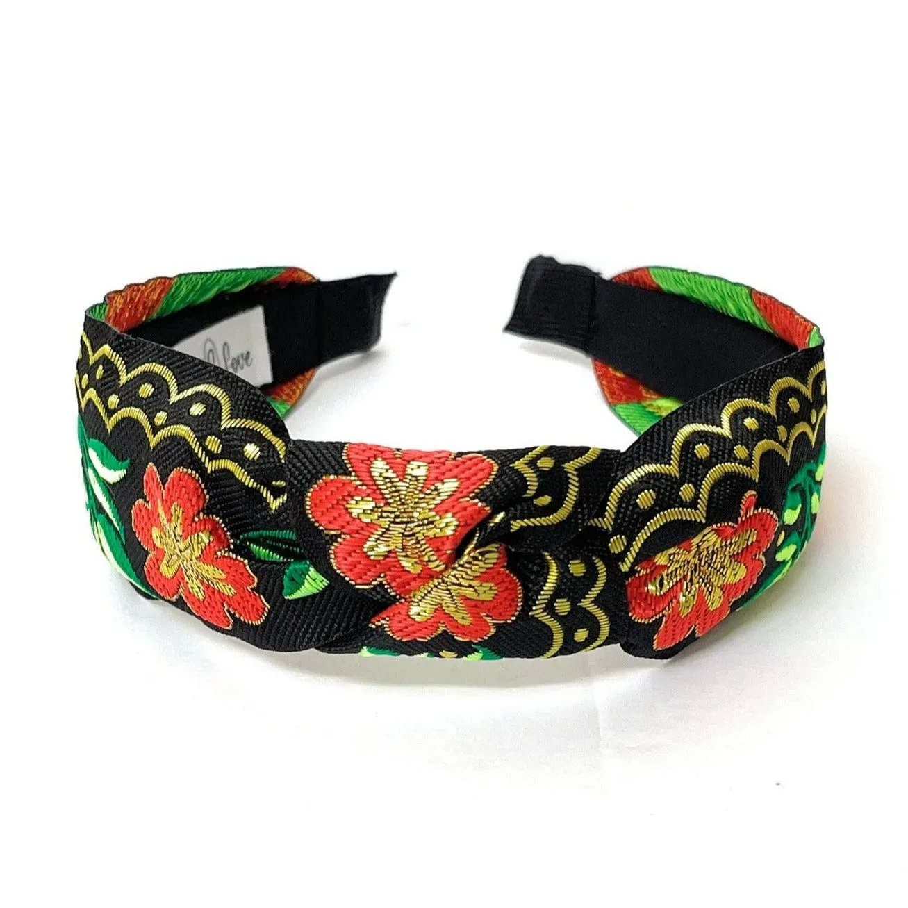 Floral Embroidered Knot Headband (Black Orange)